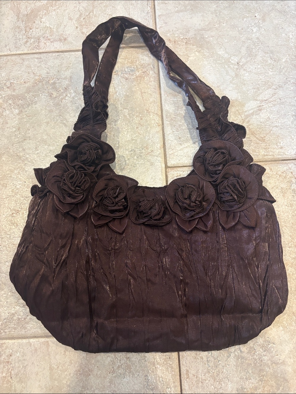 Elegant Floral Appliqué Women's Shoulder Bag in Dark Brown